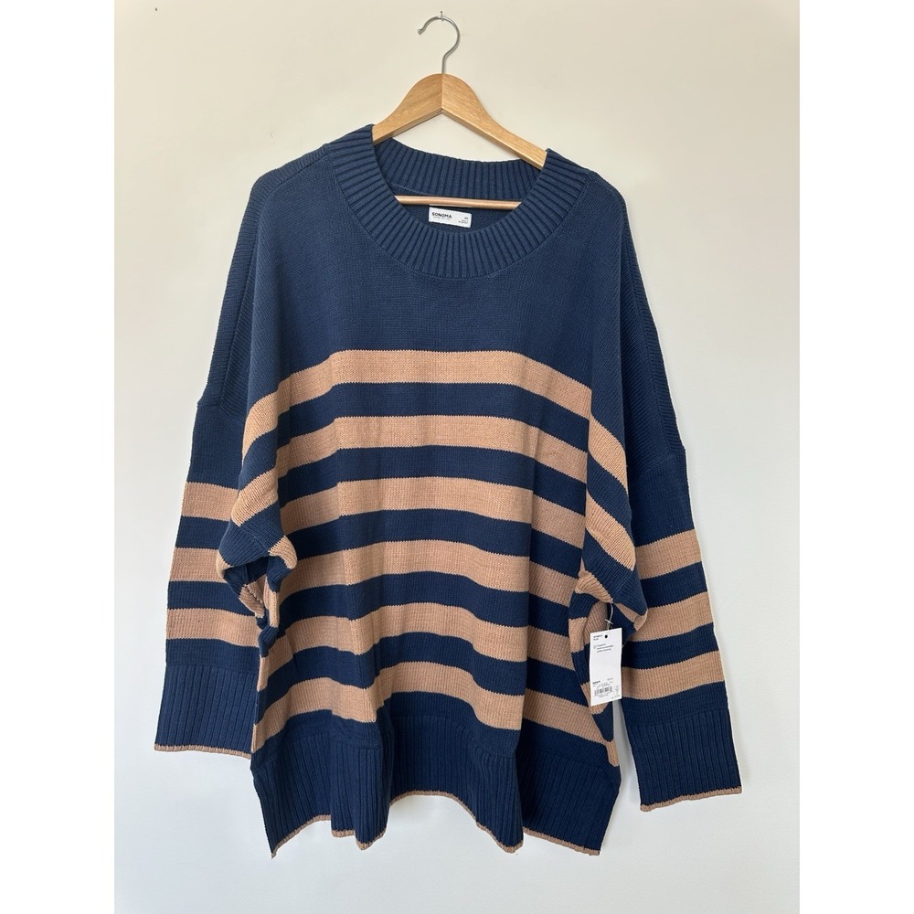 NWT Sonoma Women's 4X Pullover Navy Brown Sweater Drop Shoulder